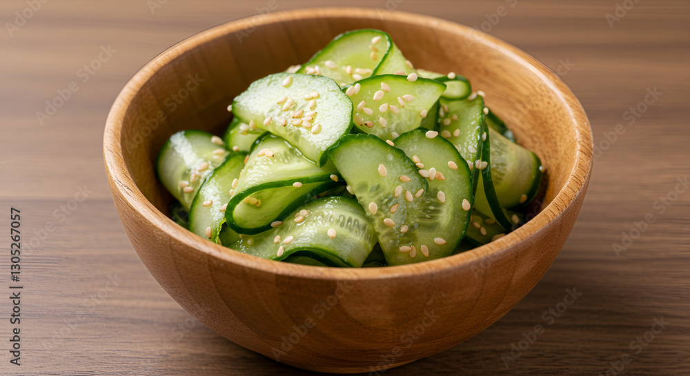 A refreshing cucumber salad served in a wooden bowl, featuring thinly sliced cucumbers, garnished with sesame seeds and a light dressing. A refreshing cucumber salad served in a wooden bowl, featuring thinly sliced cucumbers, garnished with sesame seeds and a light dressing.