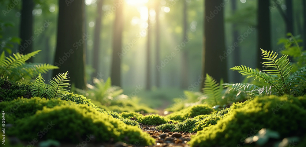 Obraz premium Tranquil Forest with Ferns and Moss in Sunlight – Nature Photography