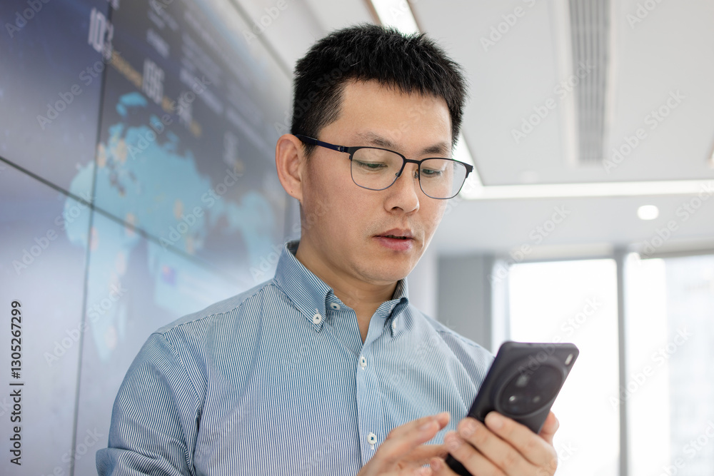 asian man using smart phone in modern office asian man using smart phone in modern office