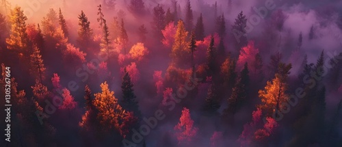 Fototapeta Naklejka Na Ścianę i Meble -  Breathtaking vibrant autumnal landscape with a misty forest of colorful fall foliage and a glowing sunrise or sunset over a scenic mountainous valley or hills
