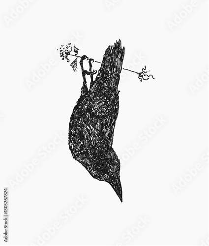 Detailed black and white hand-drawn illustration of a raven hanging upside down by its claws on a wire. The artwork is created in an engraving or etching style, emphasizing intricate textures and a vi