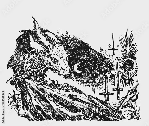 Highly detailed black and white hand-drawn illustration featuring a surreal fusion of a wolf or dragon-like creature with mystical and occult elements. The composition includes celestial symbols, swor