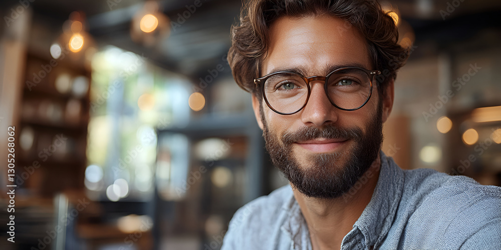 smiling man with glasses in cozy cafe setting, exuding warmth and confidence smiling man with glasses in cozy cafe setting, exuding warmth and confidence