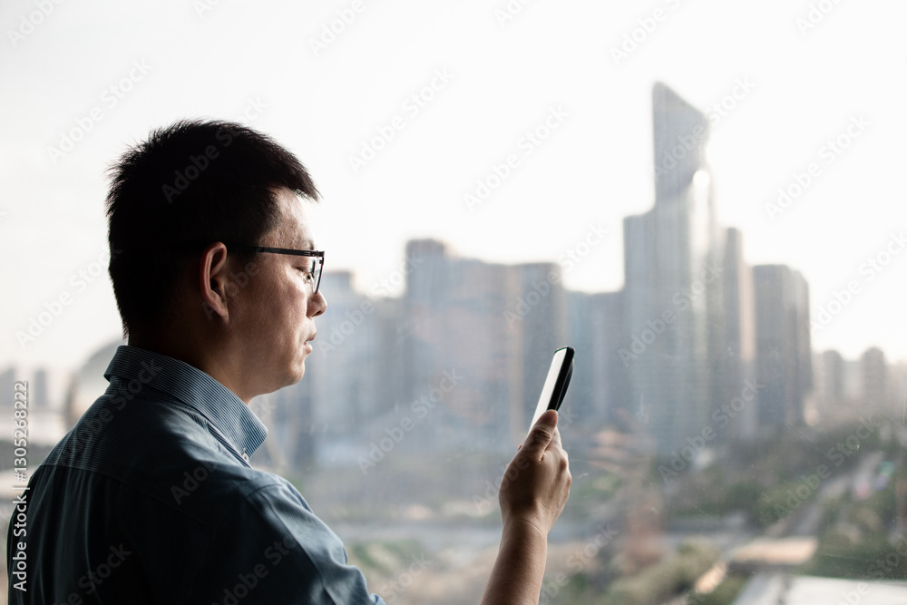 asian man using smart phone in modern office asian man using smart phone in modern office