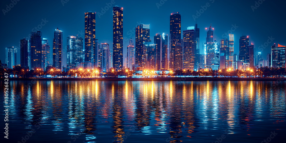 Fototapeta premium Stunning city skyline reflecting on water at night with vibrant lights
