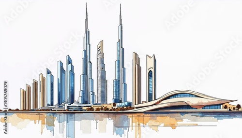 Detailed architectural sketch of Doha's modern skyline with iconic towers