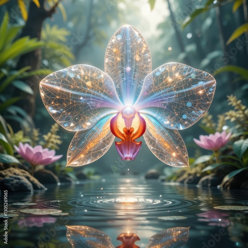 Luminous Orchid Flower in Tranquil Pond Reflecting Light Digital Art