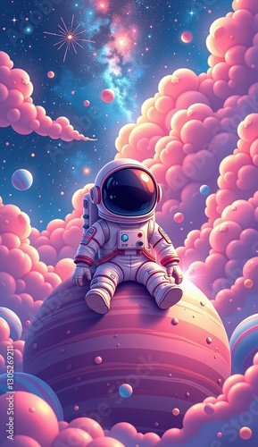 Astronaut Sitting on Planet Surrounded by Colorful Clouds and Stars