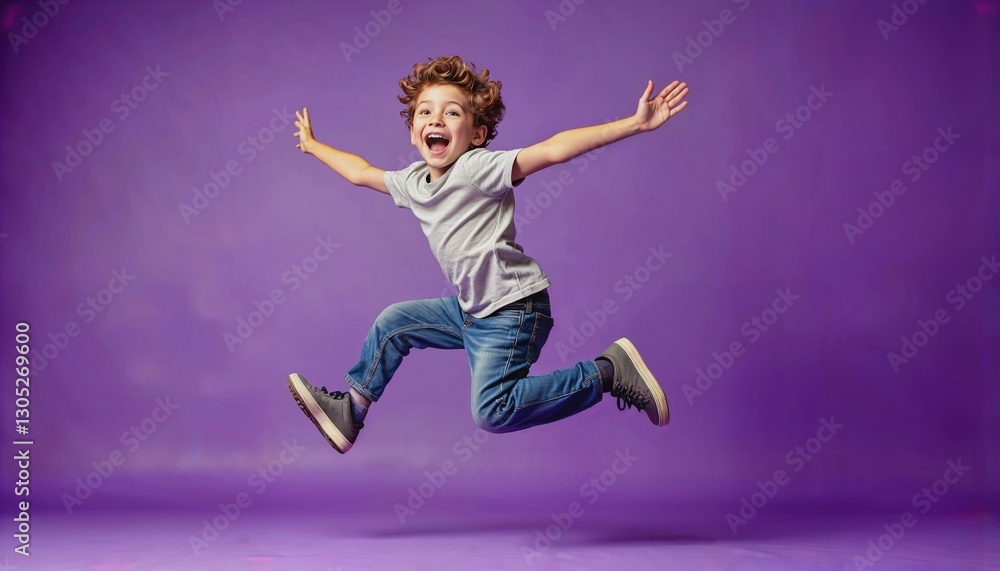 Obraz premium Boy joyfully leaping against a vibrant purple studio backdrop