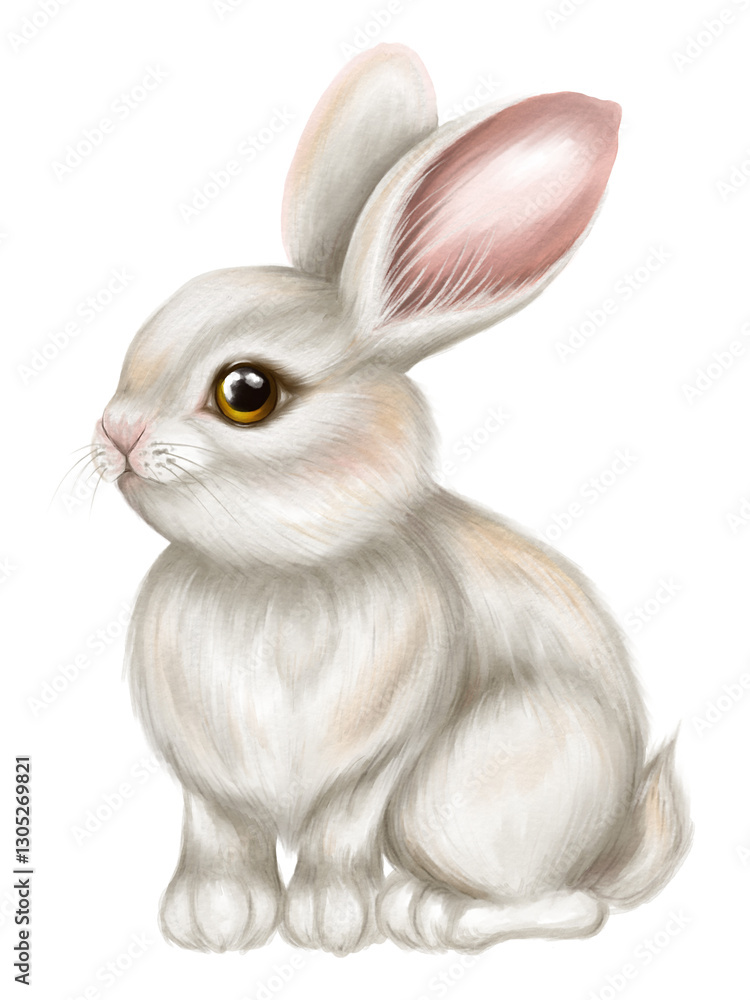 Fototapeta premium Beige bunny sitting in profile. Watercolor Easter rabbit. Animalistic print 