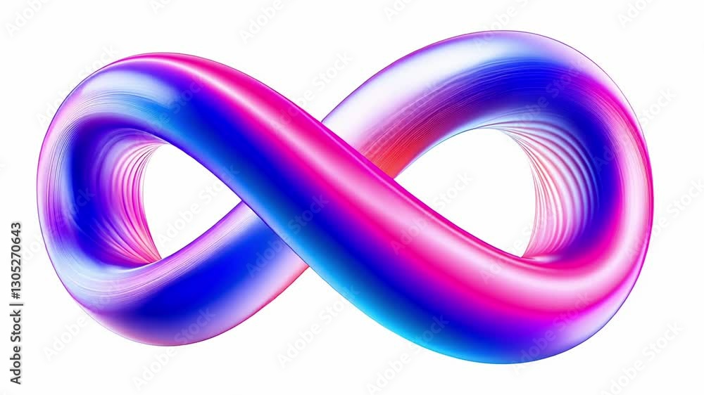 Infinity symbols with iridescent and vibrant neon glowing colors rotating slowly on a white background Infinity symbols with iridescent and vibrant neon glowing colors rotating slowly on a white background