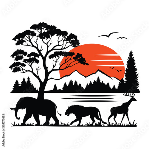 Wild Animal Silhouettes Collection with Scenic Nature Elements – High-Quality Vector Set