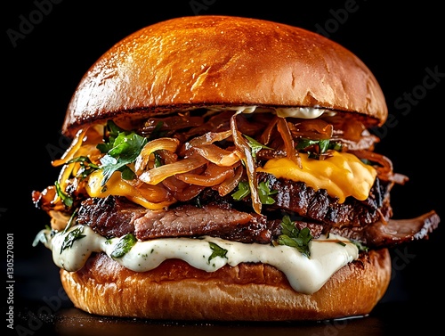 Gourmet Smoked Brisket Burger with Melted Cheddar Cheese, Caramelized Onions, Fresh Herbs, and Creamy Sauce on a Toasted Brioche Bun