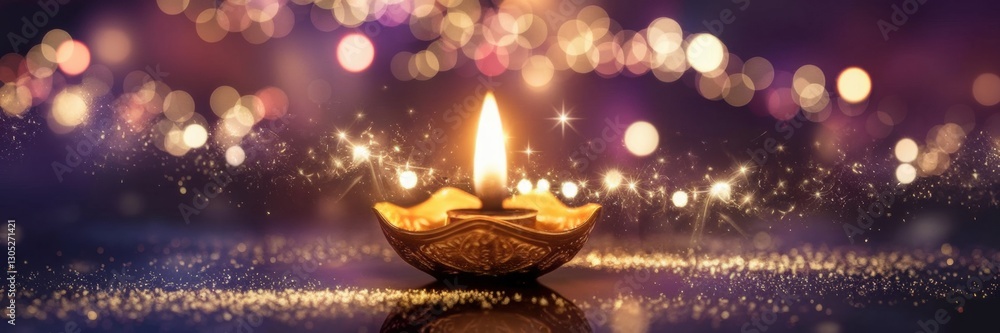 A traditional oil lamp (diya) with a bright, warm flame. The lamp is mounted on a reflective surface and surrounded by a soft side light. A banner with space for the text. A traditional oil lamp (diya) with a bright, warm flame. The lamp is mounted on a reflective surface and surrounded by a soft side light. A banner with space for the text.
