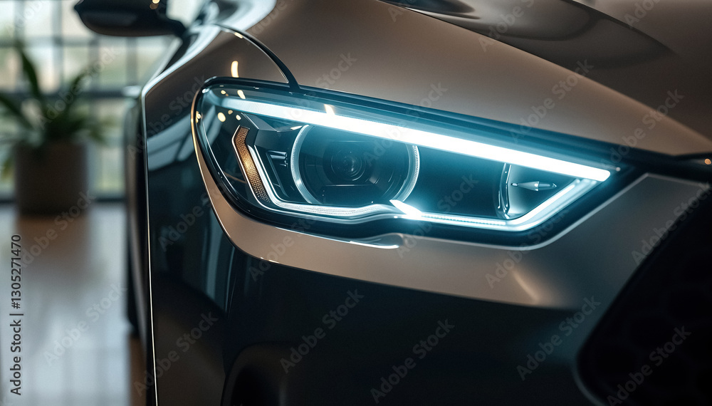 Fototapeta premium Sleek car headlight featuring modern design with bright LED lighting close up view capturing