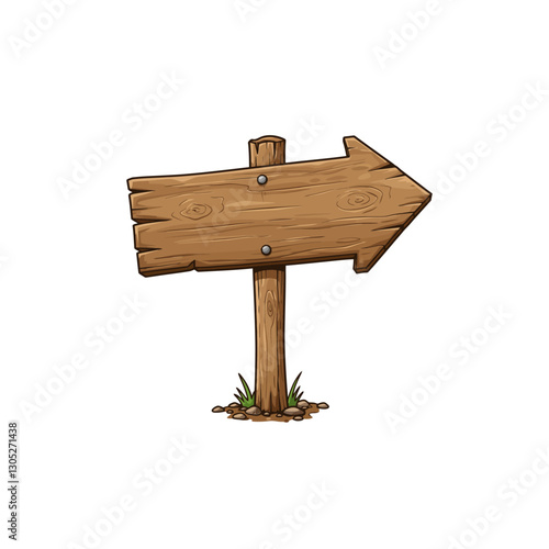 Illustration of Rustic Wooden Sign Arrow Pointing Right on White