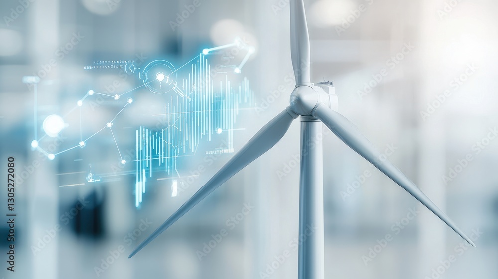Fototapeta premium Development, resources, and implementation. Wind turbine with digital analytics overlay in a modern, clean environment.