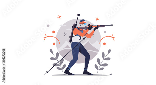 Biathlon athlete aiming rifle in winter sports competition