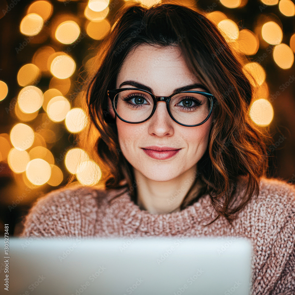 Smiling woman with glasses working on a laptop, warm bokeh background. Smiling woman with glasses working on a laptop, warm bokeh background.