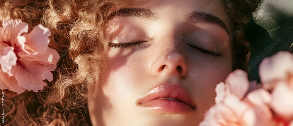 Fototapeta premium A peaceful and serene young woman enjoys the beauty of nature holding a delicate floral bouquet with her eyes closed in a moment of tranquility and contemplation