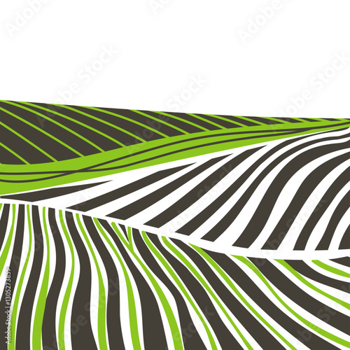 Green grass field on small hills. Meadow, alkali, lye, grassland, pommel, lea, pasturage, farm. Rural scenery landscape panorama of countryside pastures. Vector sketch line illustration