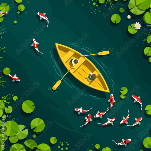 People Rowing Boat Surrounded by Koi Fish and Lily Pads