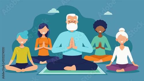The instructor guiding the seniors through a body scan meditation encouraging them to focus on each part of their body.. Vector illustration