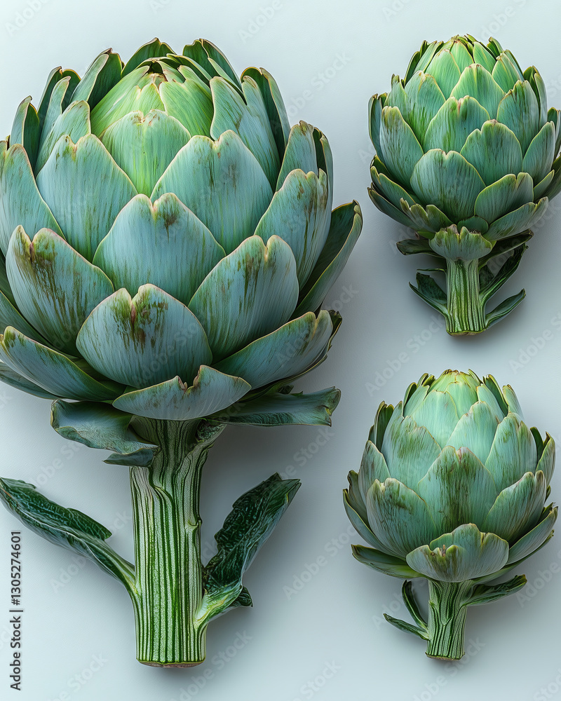 Fototapeta premium Artichokes in various sizes with intricate details under soft lighting
