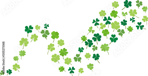 Green floating clover leaves flying dancing isolated on a transparent background