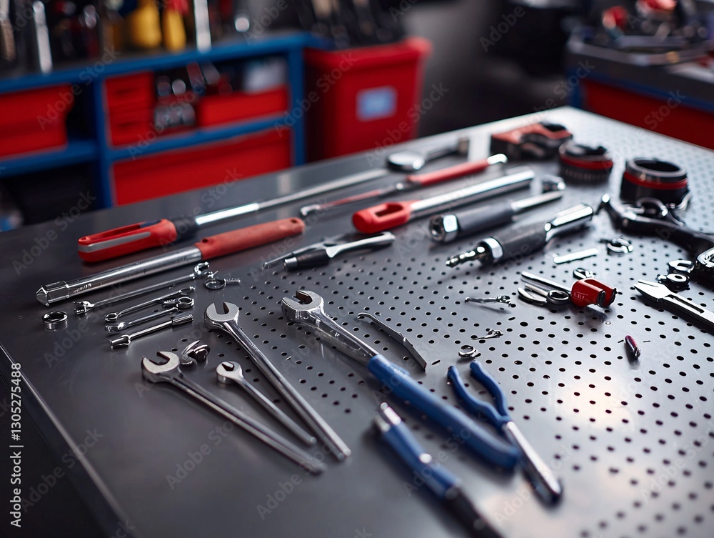Fototapeta premium Collection of Mechanic Tools on Metal Workbench in Workshop