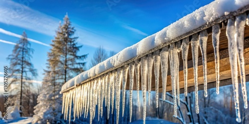 Icy icicles hang from a sloping roof covered in snow and frost, with a blue sky and trees in the background, Nature, Frost photo