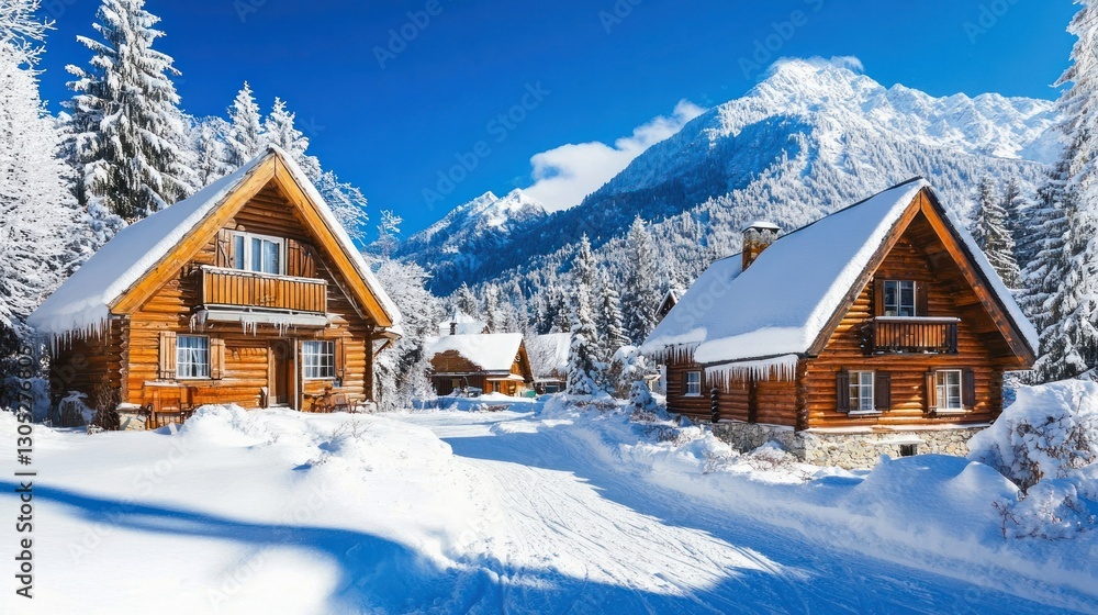 Snowy Alpine Village: Charming Wooden Cabins Nestled in a Winter Wonderland Snowy Alpine Village: Charming Wooden Cabins Nestled in a Winter Wonderland