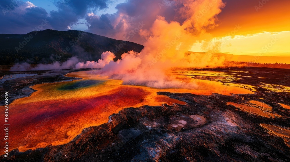 Fototapeta premium Colorful Geothermal Springs at Sunset in National Park Landscape