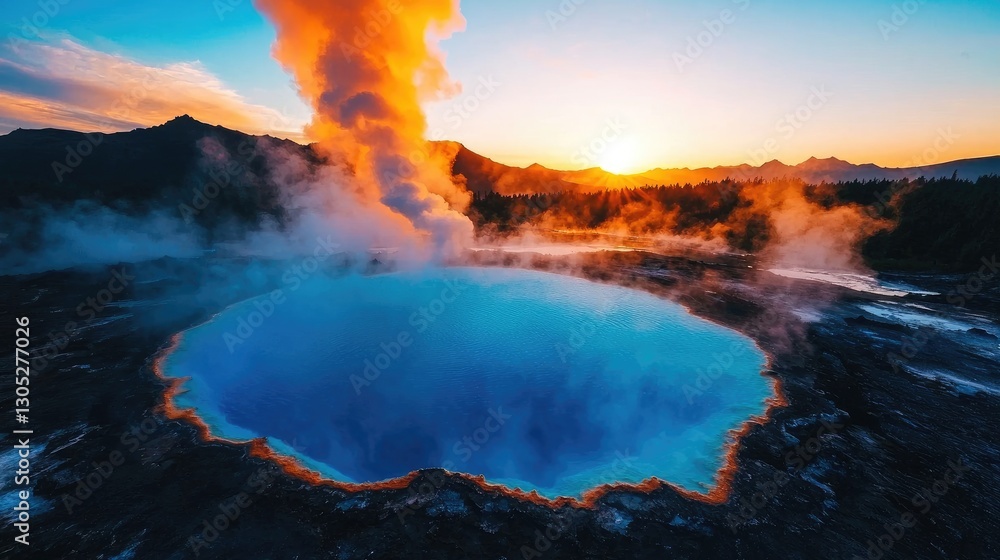 Fototapeta premium Vivid Sunset Over Geothermal Hot Spring with Steam and Mountains