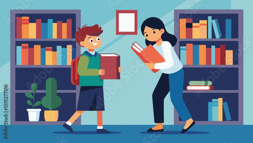 The smell of fresh paint lingers in the air of the newly renovated library where a shy student timidly approaches the librarian for help finding a book.. Vector illustration