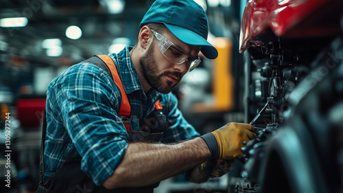 Wallpaper Mural Caucasian truck mechanic repairing semi truck under maintenance in workshop Torontodigital.ca
