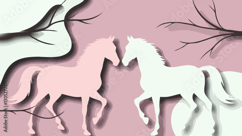 Horses Paper Art with Winter Mood Against Pale Pink Background