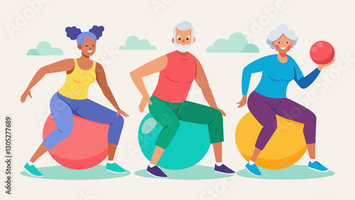 Vibrant seniors in colorful workout attire concentrate intensely as they exee slow precise movements on stability balls building core strength and improving muscle tone.. Vector illustration