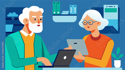 Two seniors team up to troubleshoot a technical issue on their devices in a handson workshop.. Vector illustration