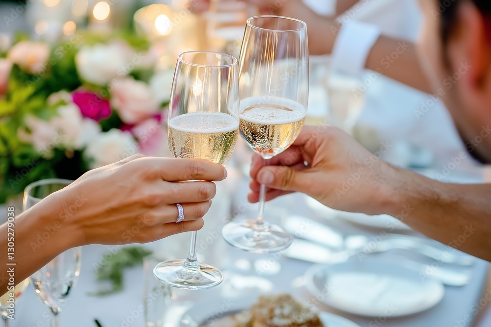 Groom holding champagne glass toasting with partner at elegant celebration. Concept highlights groom holding champagne glass in intimate, joyful moment surrounded by beauty Groom holding champagne glass toasting with partner at elegant celebration. Concept highlights groom holding champagne glass in intimate, joyful moment surrounded by beauty