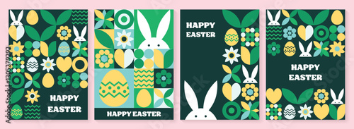 Set of geometric Easter greeting card. Abstract background with bunny, egg and flower. Vector illustration