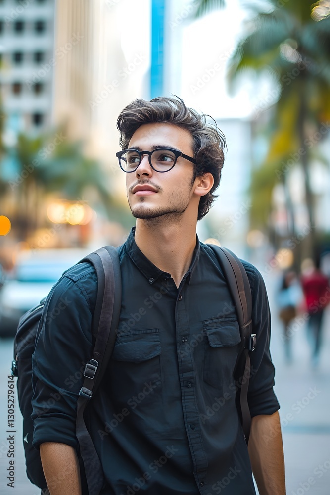 Obraz premium Stylish young man with a backpack walking through a vibrant city street, looking confidently ahead