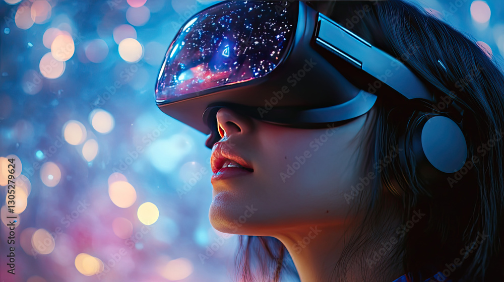 Woman Experiencing Virtual Reality with Futuristic Headset Woman Experiencing Virtual Reality with Futuristic Headset