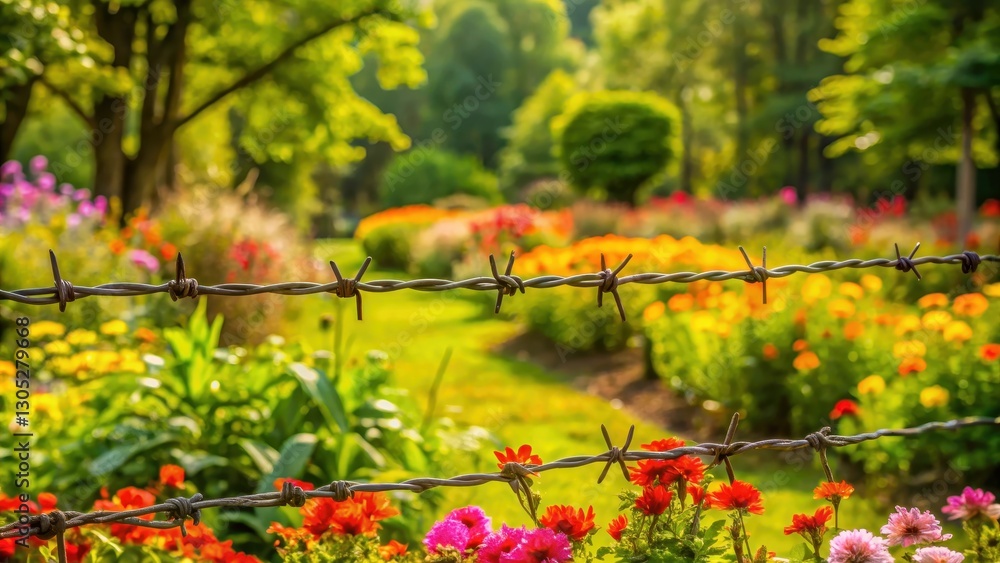 Barbed wire fence encircling a lush green garden with vibrant flowers and trees, landscape, greenery Barbed wire fence encircling a lush green garden with vibrant flowers and trees, landscape, greenery