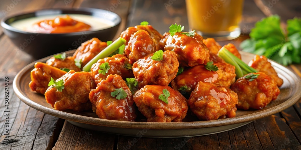 Delicious boneless chicken wings coated in savory buffalo BBQ sauce, tasty, restaurant, tasty, restaurant, savory,food, chicken Delicious boneless chicken wings coated in savory buffalo BBQ sauce, tasty, restaurant, tasty, restaurant, savory,food, chicken