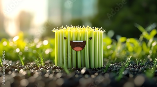 Cheerful animated grass character smiling amidst lush greenery in a sunny outdoor setting