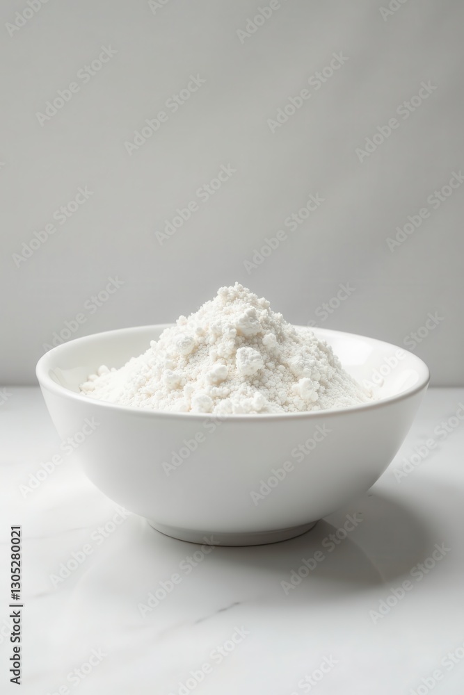A pristine white bowl holds a mound of fluffy white powder against a white backdrop, photography, white background A pristine white bowl holds a mound of fluffy white powder against a white backdrop, photography, white background