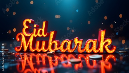 Eid Mubarak neon typography. AI generated.