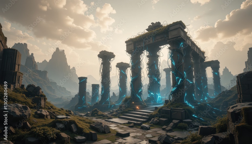 Ancient Ruins overgrown with glowing vines futuristic fantasy landscape Ancient Ruins overgrown with glowing vines futuristic fantasy landscape