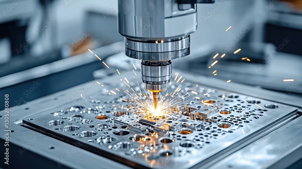 A high-tech CNC machine cutting metal, producing sparks, showcasing precision manufacturing in an industrial setting. A high-tech CNC machine cutting metal, producing sparks, showcasing precision manufacturing in an industrial setting.